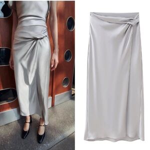 New Zara Satin Knotted Faux Wrap Skirt